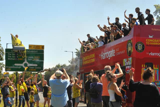 Hundreds of people lined the streets of Harrogate to salute Town's promotion-winners. Picture: Steve Riding