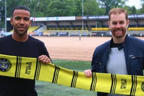 Kevin Lokko at the CNG Stadium with Harrogate Town manager Simon Weaver.
