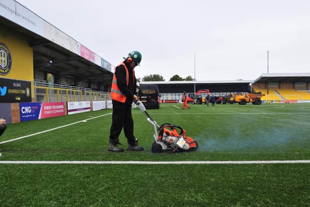 Harrogate Town are having to dig up their plastic pitch and lay a new grass surface as EFL regulations do not allow for teams to play on artificial pitches. Picture: Gerard Binks