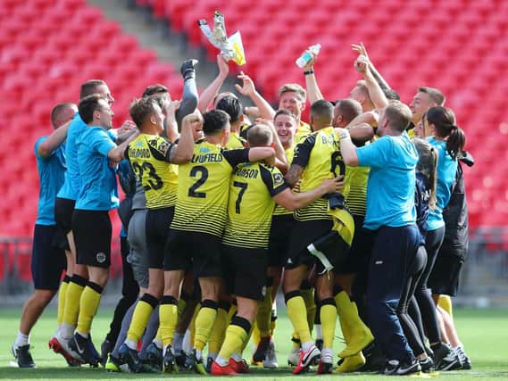 Harrogate Town celebrated promotion to the Football League with a 3-1 victory over Notts County at Wembley in the National League Promotion Final. Picture: Getty Images