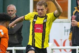 Charlie Wakefield in action for Harrogate Town at Brighouse Town. Picture: Matt Kirkham