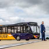 Launching the new Flyer bus network at Leeds Bradford Airport, Transdev CEO Alex Hornby (left) and Charles Johnson, Head of Planning and Development at Leeds Bradford Airport.