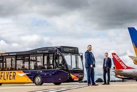 Launching the new Flyer bus network at Leeds Bradford Airport, Transdev CEO Alex Hornby (left) and Charles Johnson, Head of Planning and Development at Leeds Bradford Airport.