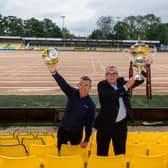 Exciting new deal- Andy Makin, sponsors EnviroVent's managing director celebrates the announcement at Wetherby Road with Garry Plant, managing director of Harrogate Town - and the league trophy!