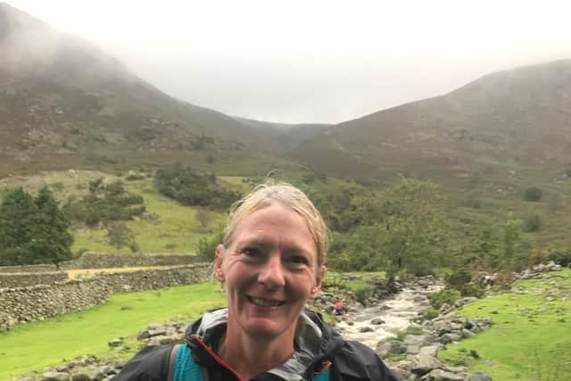 Success! A weary but happy Helen Price at the end of the Joss Naylor Challenge. (Picture by Martyn Price)