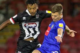 Harrogate Town wore their brand-new away strip for the first time during Tuesday night’s EFL Trophy showdown  with Grimsby Town. Picture: Matt Kirkham