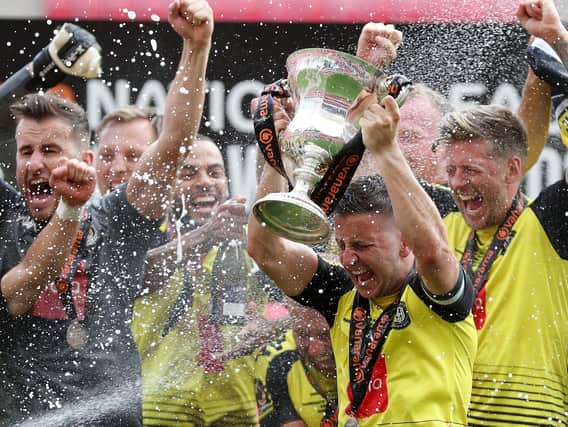 Harrogate Town sealed promotion to League Two when they beat Notts County 3-1 at Wembley last month. Picture: Getty Images