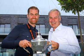 Simon and Irving Weaver with the National League play-off final winners' trophy. Pictures: Matt Kirkham