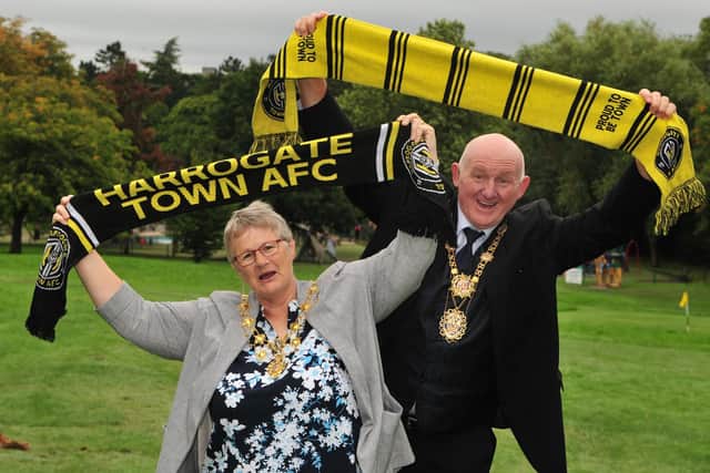 Pictured, the Mayor and Mayoress of Harrogate Stuart and April Martin supporting Harrogate Town. Picture: Gerard Binks