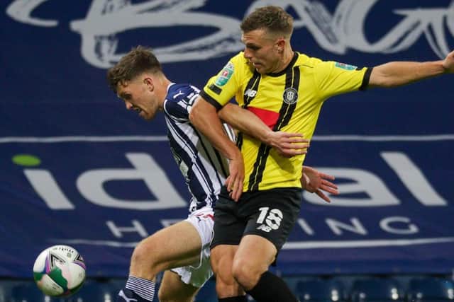 Jack Muldoon in action for Harrogate Town during their 3-0 Carabao Cup defeat to West Bromwich Albion at the Hawthorns.