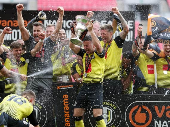 Harrogate Town celebrate their National League play-off final win over Notts County at Wembley. Pictures: Getty Images