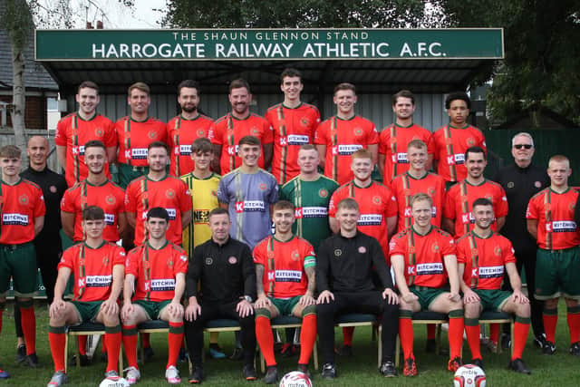 Harrogate Railway's 2020/21 squad in their new kit, sponsored by local firm Kitching Plant Hire.