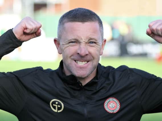 Harrogate Railway boss Mick O'Connell celebrates after watching his side beat Cleator Moor Celtic in a penalty shoot-out. Pictures: Craig Dinsdale