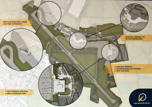 One of the information boards showing the plans for Leeds Bradford airport at the airport expansion public meeting at the Mercure Parkway Hotel In Leeds.