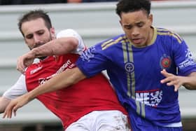 Harrogate Railway's Eddy Prata, right, in action during his side's FA Vase win at Thackley. Pictures: Craig Dinsdale