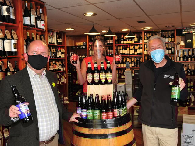 Daleside Brewery business development manager Vincent Staunton, left, with Martha Rudd and Des Bottomley of Ake & Humphries Wine and Beer Merchants in Harrogate which is stocking bottles of Daleside beer.
