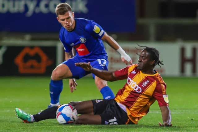 Lloyd Kerry scored the only goal of the game as Harrogate Town beat Bradford City at Valley Parade on Monday evening. Picture: Matt Kirkham