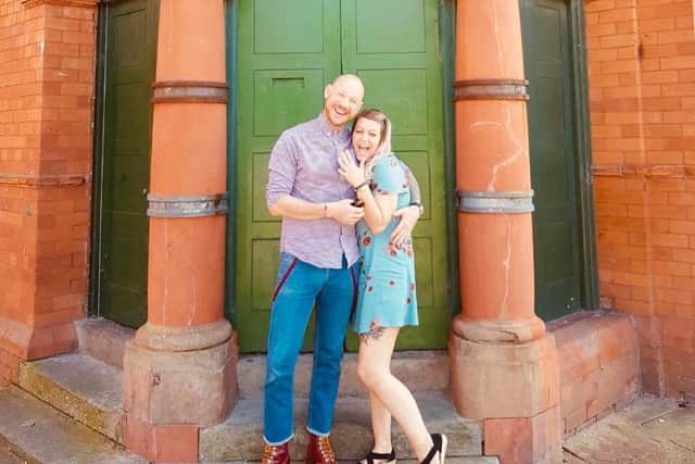 Smiths and Morrissey superfans Joy Ainsley and Dean Baylin outside iconic venye Salford Lads Club where they are going to get married.