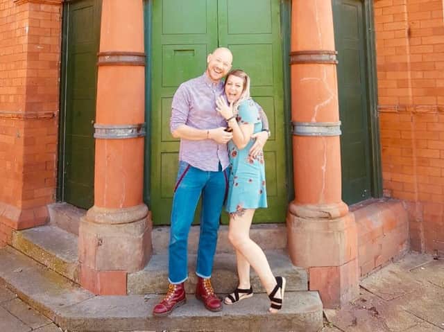 Smiths and Morrissey superfans Joy Ainsley and Dean Baylin outside iconic venye Salford Lads Club where they are going to get married.