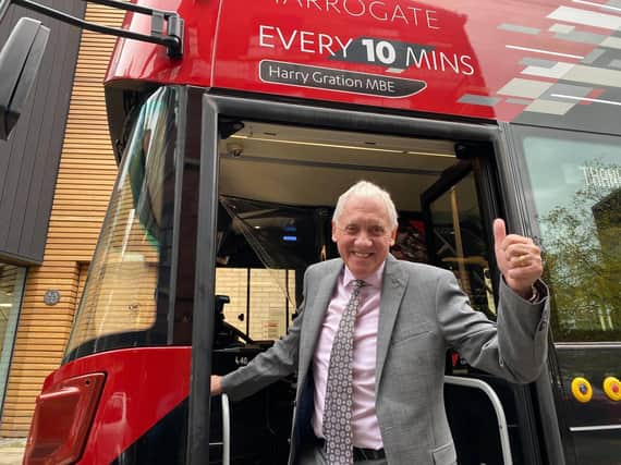 Surprise! BBC’s Look North's Harry Gration MBE has a Harrogate Bus Company number 36 bus named after him on his retirement day.
