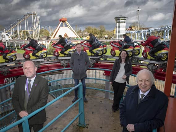 For a better future - Pictured at Flamingo Land are (from left) Ian Yapp, chief education officer at the STAR Multi-Academy Trust; Gordon Gibb, CEO Flamingo Land Ltd; Nicky Riddell, park executive at Flamingo Land; and North Yorkshire County Council leader Coun Carl Les.