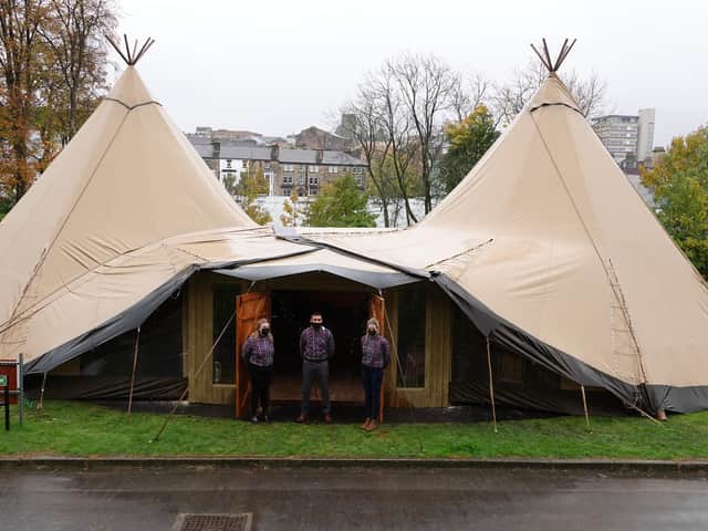 Covid-secure festive spirit - Pictured outside the Majestic Winter Wonderland Teepee in Harrogate are Sarah Dowson, Parry Rathod and Georgina McGill.