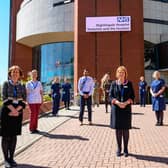 Staff outside Harrogate's NHS Nightingale Hospital at Harrogate Convention Centre - The NHS Nightingale hospitals have be asked to get ready to accept patients.