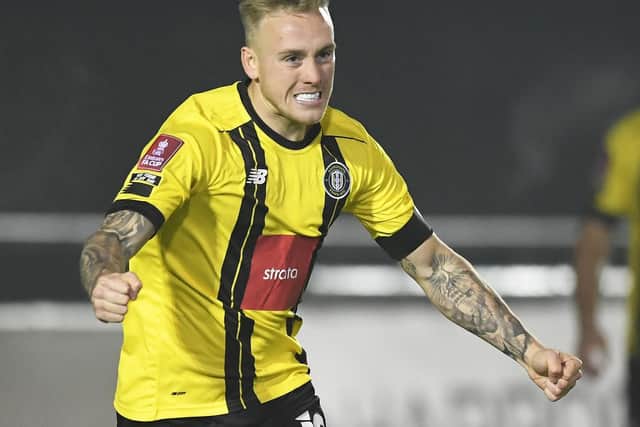 Calvin Milller celebrates after firing Harrogate Town ahead just 46 seconds into Harrogate Town's FA Cup first round clash with Skelmersdale United. Pictures: Getty Images