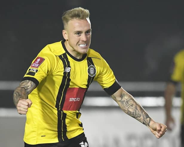 Calvin Milller celebrates after firing Harrogate Town ahead just 46 seconds into Harrogate Town's FA Cup first round clash with Skelmersdale United. Pictures: Getty Images