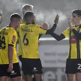 Harrogate Town celebrate going 2-0 up during their FA Cup first round win over Skelmersdale United at the EnviroVent Stadium. Pictures: Getty Images