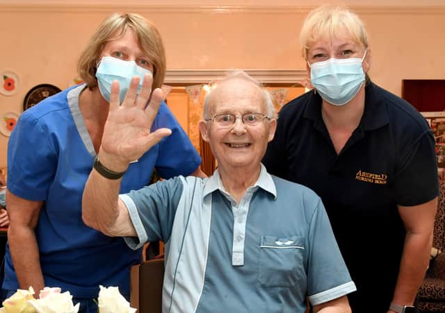Karen Dean, Ashfield Care Home manager (right) poses with resident Bill as he enjoys his afternoon tea at Ashfield Care Home, delivered by Amber Cars from the Cottage Coffee Shop in Wetherby, Yorkshire, UK
Picture date: Thursday November 5, 2020. Photo credit should read: Anthony Devlin
