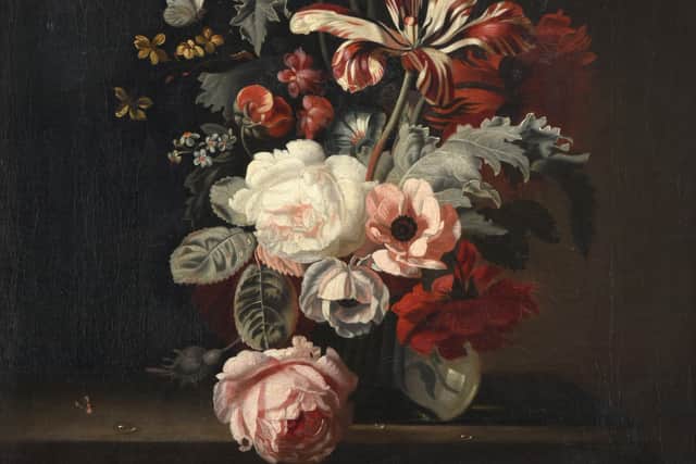 Attributed to Simon Pietersz. Verelst (1644-1710) ‘Still life of Summer flowers with a butterfly and a glass bowl on a stone ledge’ sold for £30,000.