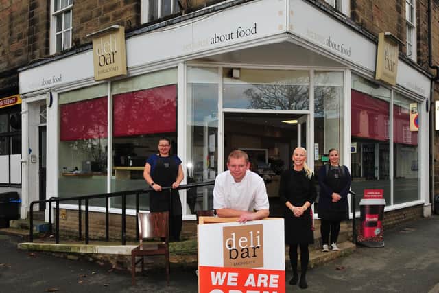 Still trading for takeaways - Owner Darren Winder outside the Deli Bar in Harrogate with staff, from left, Ilona Diduch, Hayley Francis and Lisa Wilson. (Picture Gerard Binks)