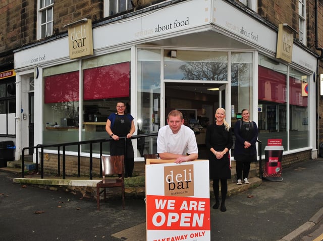 Still trading for takeaways - Owner Darren Winder outside the Deli Bar in Harrogate with staff, from left, Ilona Diduch, Hayley Francis and Lisa Wilson. (Picture Gerard Binks)