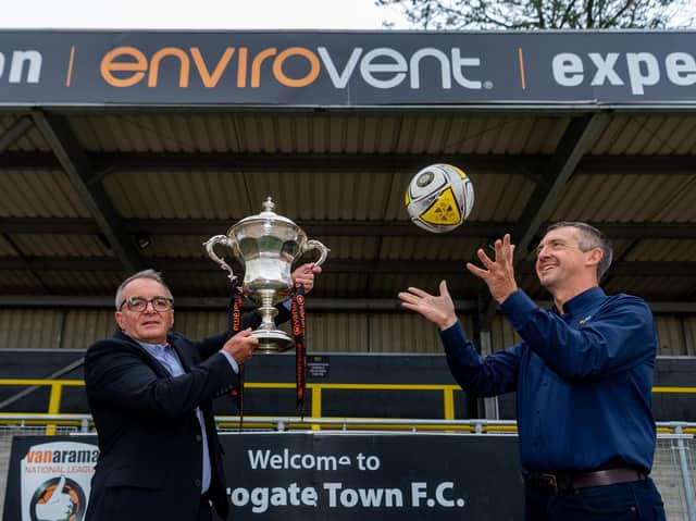 Flashback to earlier in the season and the announcement of new sponsors for Harrogate Town's EnviroVent Stadium. Pictured at Wetherby Road are Town's managing director Garry Plant and EnviroVent's Andy Makin.