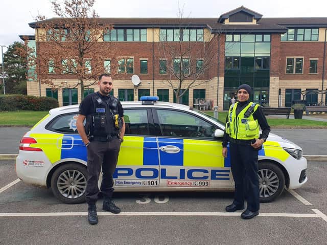 Police constables Arfan Rahouf and Uzma Amireddy, who have designed a police uniform which incorporates the hijab head covering. Picture: Twitter