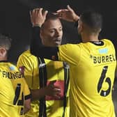 Harrogate Town players celebrate their fourth goal during their FA Cup first-round victory over Skelmersdale United. Pictures: Getty Images