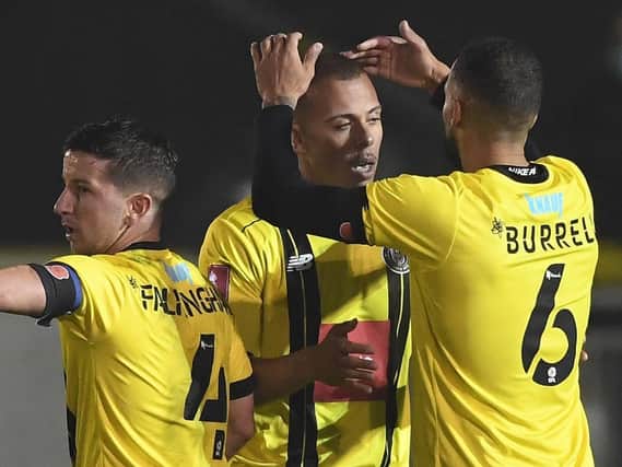 Harrogate Town players celebrate their fourth goal during their FA Cup first-round victory over Skelmersdale United. Pictures: Getty Images