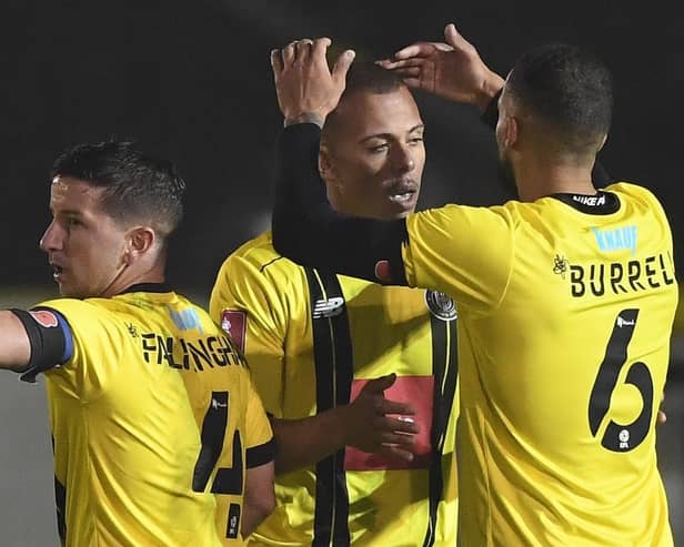 Harrogate Town players celebrate their fourth goal during their FA Cup first-round victory over Skelmersdale United. Pictures: Getty Images