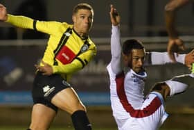 Jack Muldoon lashes home Harrogate Town's equalising goal against Scunthorpe United. Pictures: Matt Kirkham