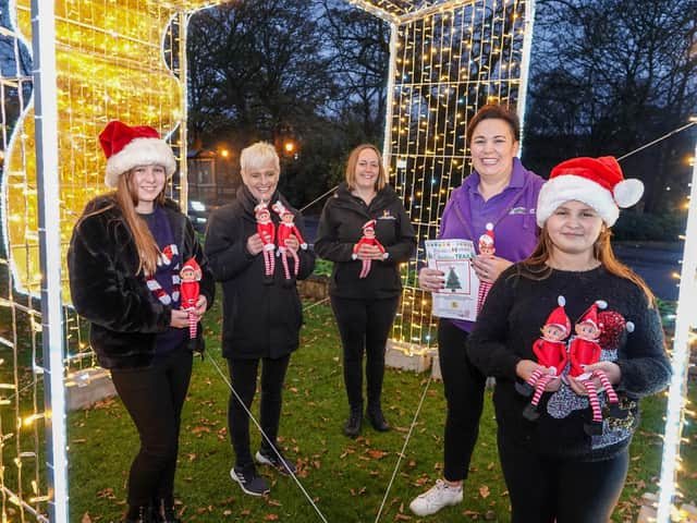 Harrogate Mumbler's  family town centre Christmas Trail - Pictured, from left, Tilly Haslewood, Harrogate Mumbler, Jo Caswell, Harrogate Host, Sara Hartley. Harrogate Host,  Sally Haslewood, Harrogate Mumbler,  and Eva Haslewood (Harrogate Mumbler).
