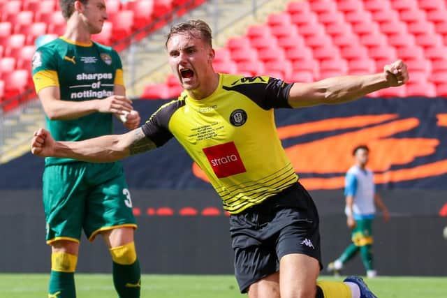 Jack Diamond celebrates after putting Harrogate Town 3-1 up against Notts County at Wembley.