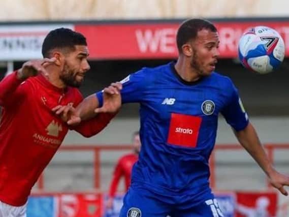 Harrogate Town striker Aaron Martin in action during Saturday's League Two defeat at Morecambe. Pictures: Matt Kirkham