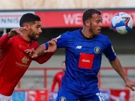 Harrogate Town striker Aaron Martin in action during Saturday's League Two defeat at Morecambe. Pictures: Matt Kirkham