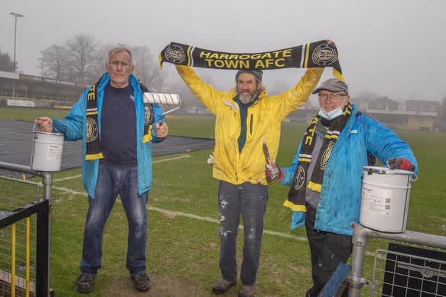 Anti-Covid paint volunteers at Harrogate Town's ground -  John Fall played for Harrogate Town in the 1960’s , Ed Hess, this is his first year of volunteering and 66 year old Chris Clewes has been volunteering for three years. (Picture by Gary Lawson)