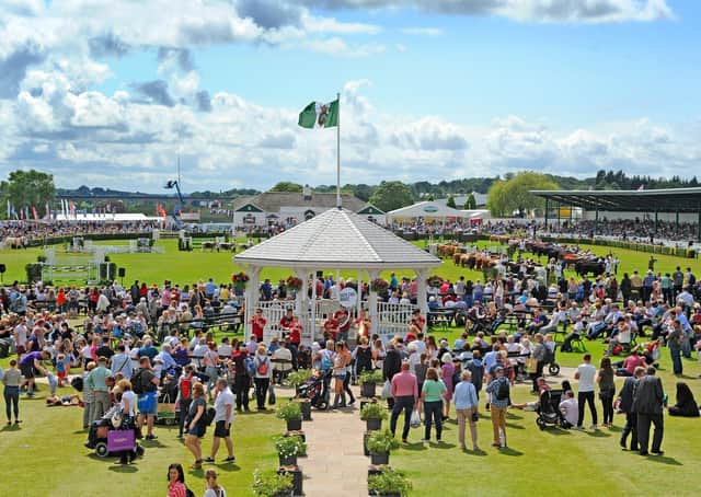 11 July 2019......     Great Yorkshire Show Day 3.General view of the visitors on the Presidents Lawn, the bandstand and the cattle parade in the main ring at the Great Yorkshire Show. Picture Tony Johnson.