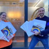 Charity calendar - Yvonne Campbell of Harrogate Hospital Community Charity with Beer Hawk's Mark Roberts dropping off some of the calendars.
