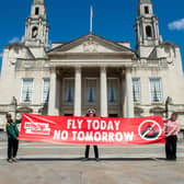 Alistair Chesterman, Christopher Hore and  Drew Long of Extinction Rebellion hold socially distanced protest against expansion of Leeds Bradford Airport outside Leeds Civic Hall. 21 May 2020. Picture Bruce Rollinson