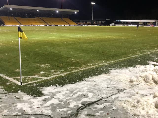 The scene at Harrogate Town's EnviroVent Stadium following the abandonment of Tuesday night's match.