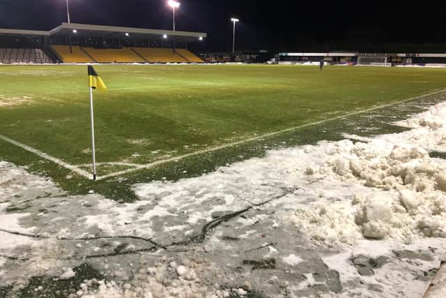 The scene at Harrogate Town's EnviroVent Stadium following the abandonment of Tuesday night's match.